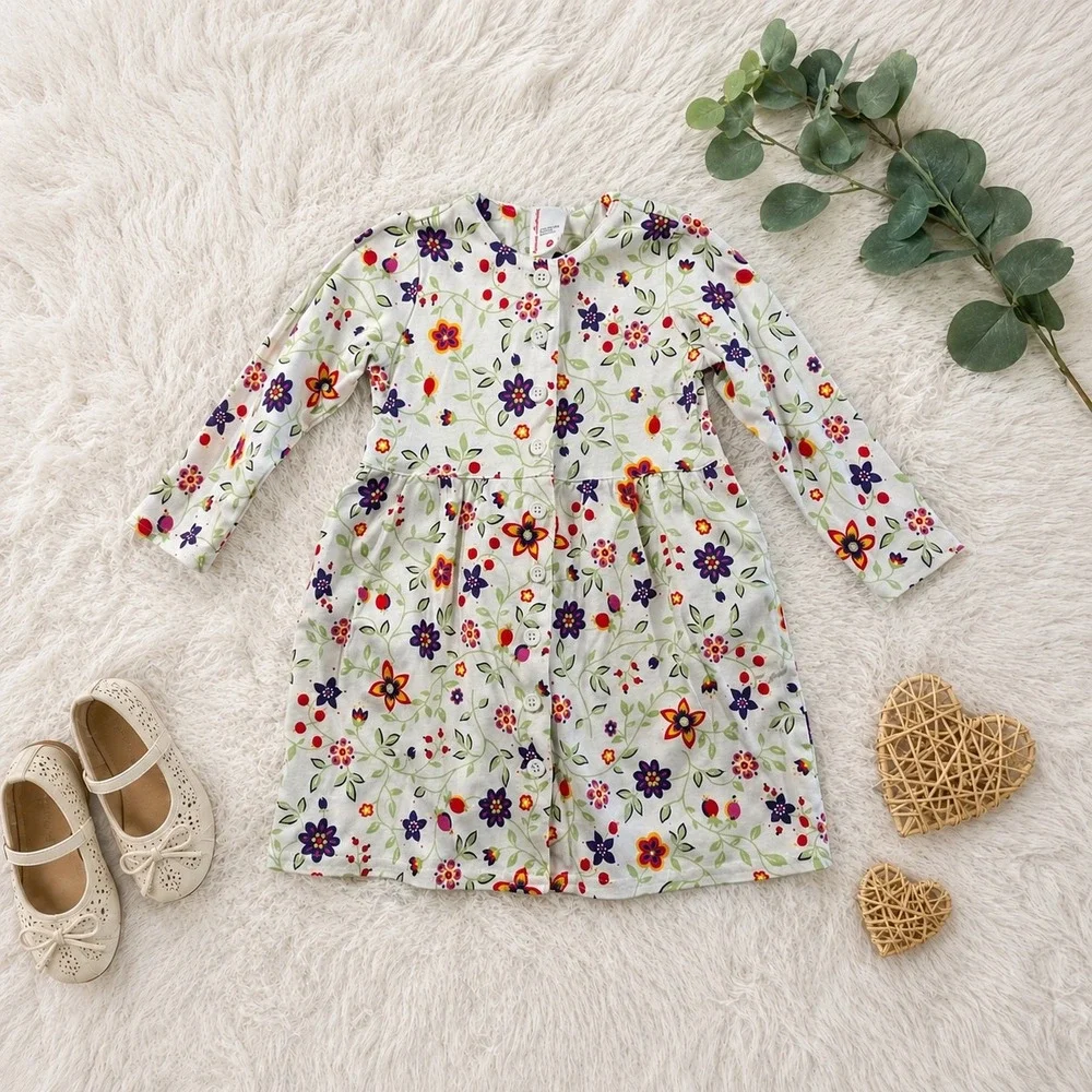 Hanna Andersson Kids‎ Floral Long Sleeve Button Front Cotton Dress White Size 90